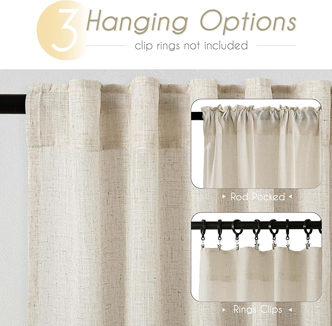 Faux Linen Beige Curtains 132 inches Long - Image 2