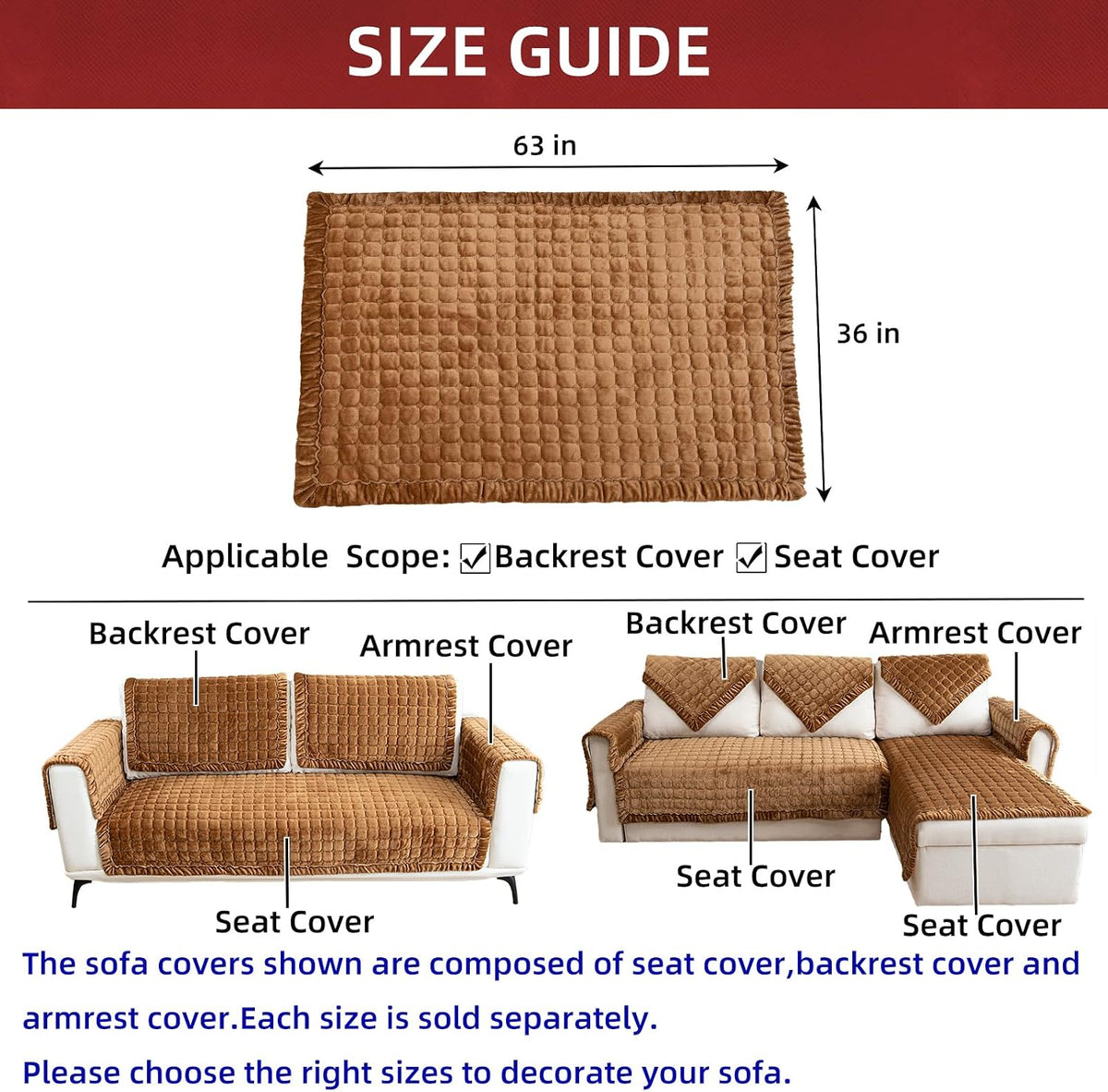 Couch Cover Sectional Couch Covers Non Slip Sofa Covers Washable for 3 Cushion Couch L Shaped Couch Protector Sofa Slipcovers for Kids Dogs Pets,Velvet,Coffee,36''x63''(Only 1 Piece)