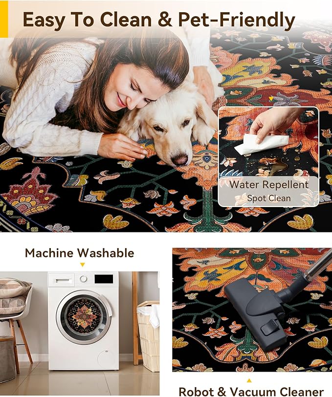 RELEANY Area Rugs 5ft Washable Non-Slip, Floral Vintage Distress Print Pattern - Image 5