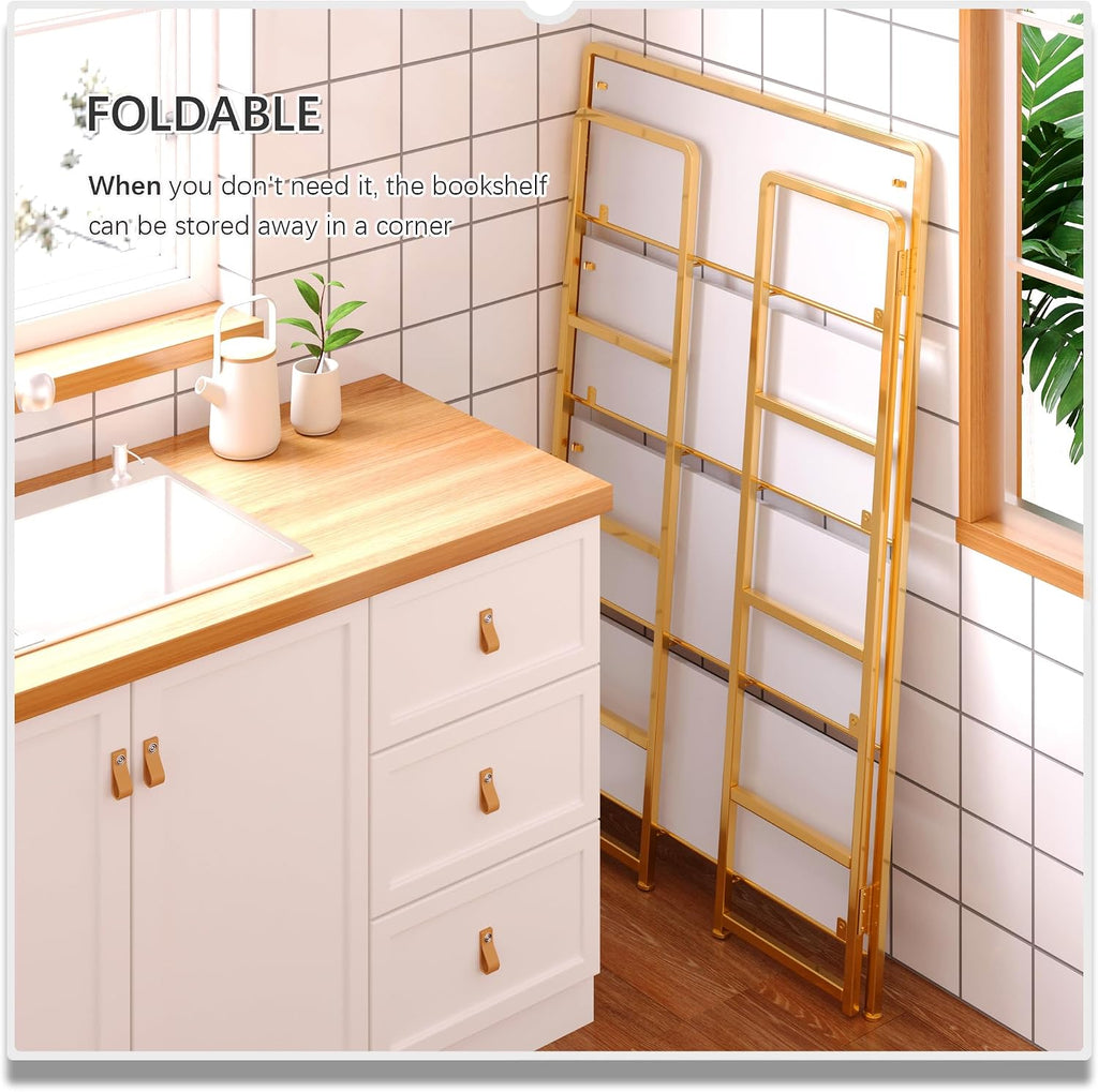 4NM No Assembly Extra Wide 4 Tier Folding Bookshelf Storage Shelves Vintage Bookcase Standing Racks for Bedroom Living Room Home Office
