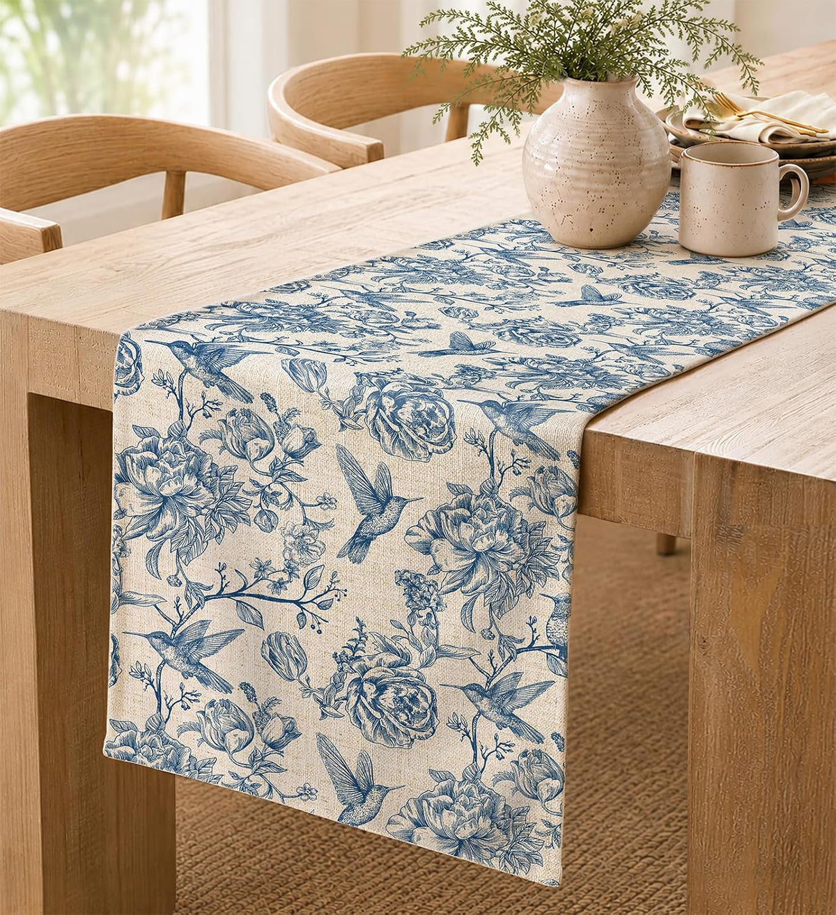 Poly and Linen Blend Table Runner, Porcelain Garden