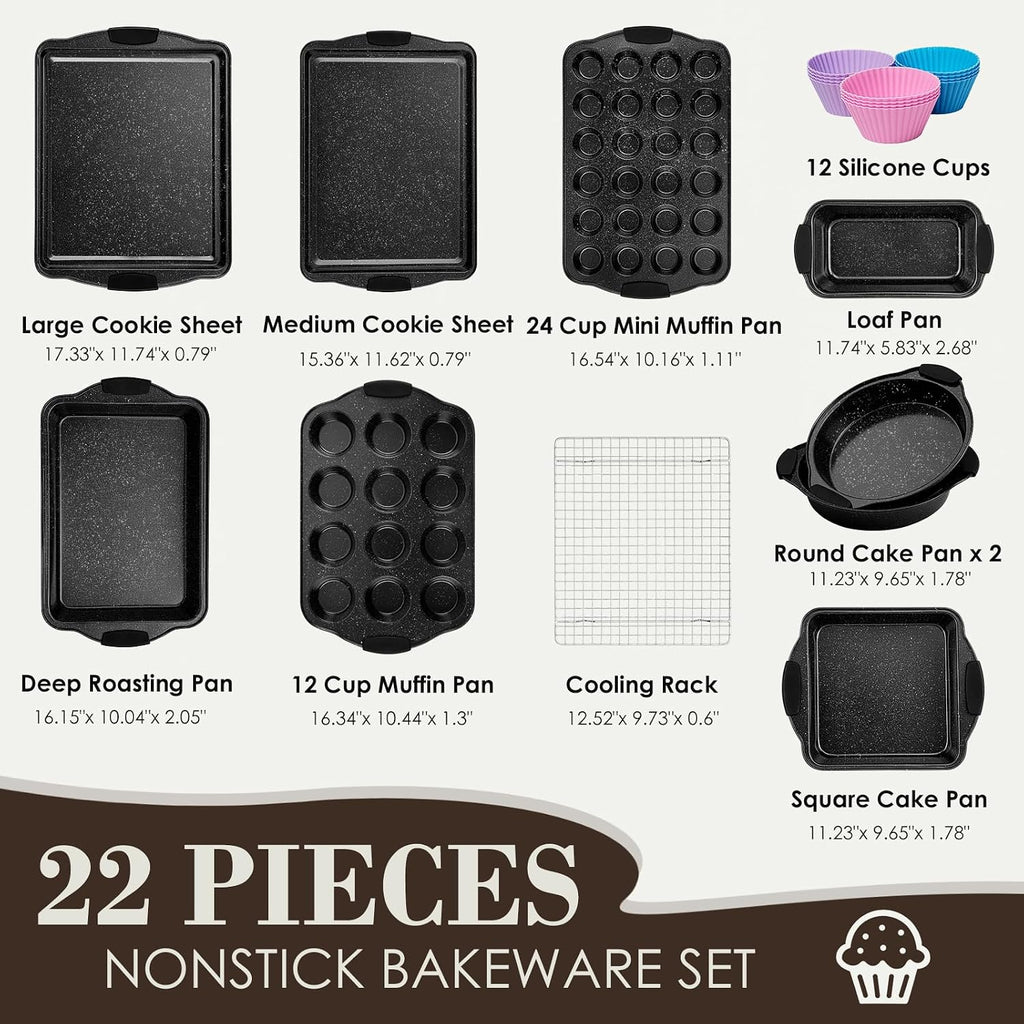 Baking Pans Set Nonstick, Bakeware Sets Stackable with Silicone Handles, AIVIKI 22 Pieces Oven Pan for Cooking Including Baking Cookie Sheet with Rack, Roast Pan, Cake Pan, Loaf Pan, Muffin Pan, Black