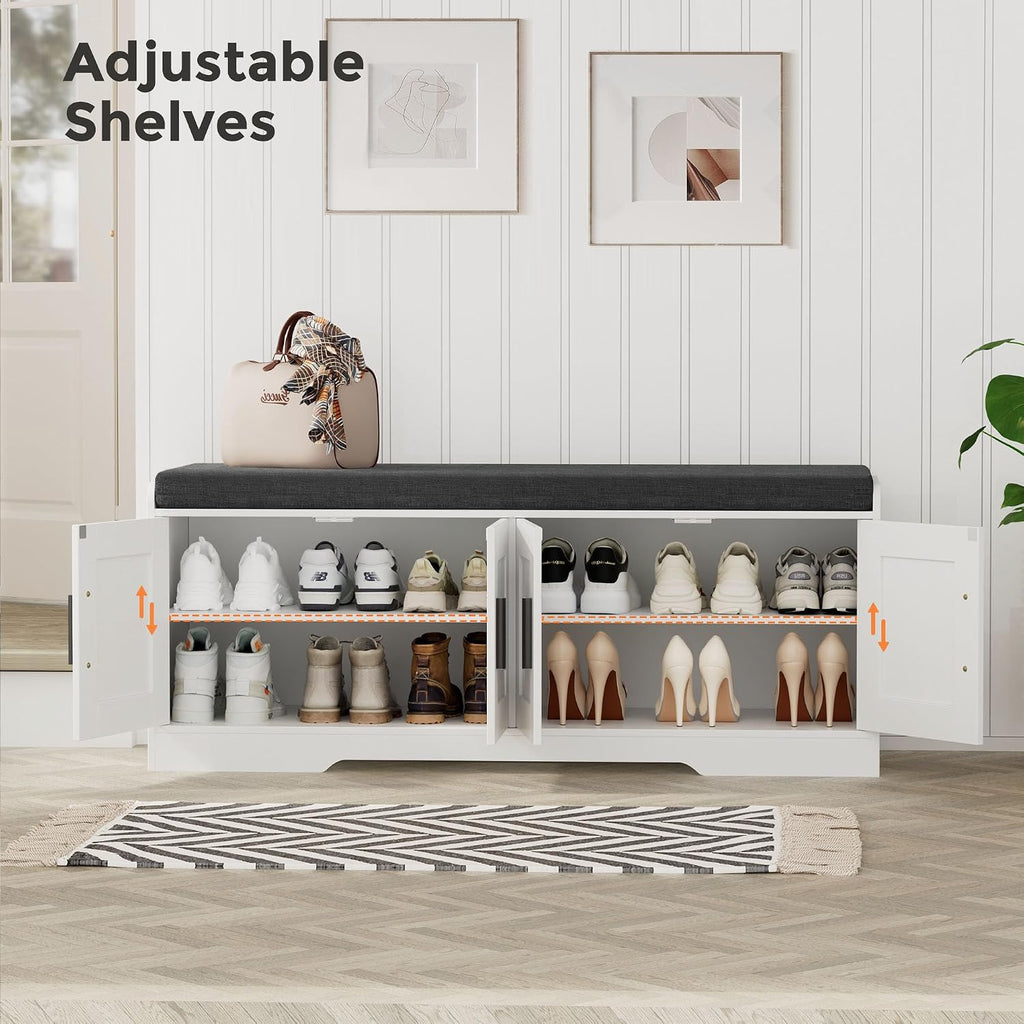 Homleke Shoe Storage Bench, 4 Doors & Thickened Padded Seat Cushion