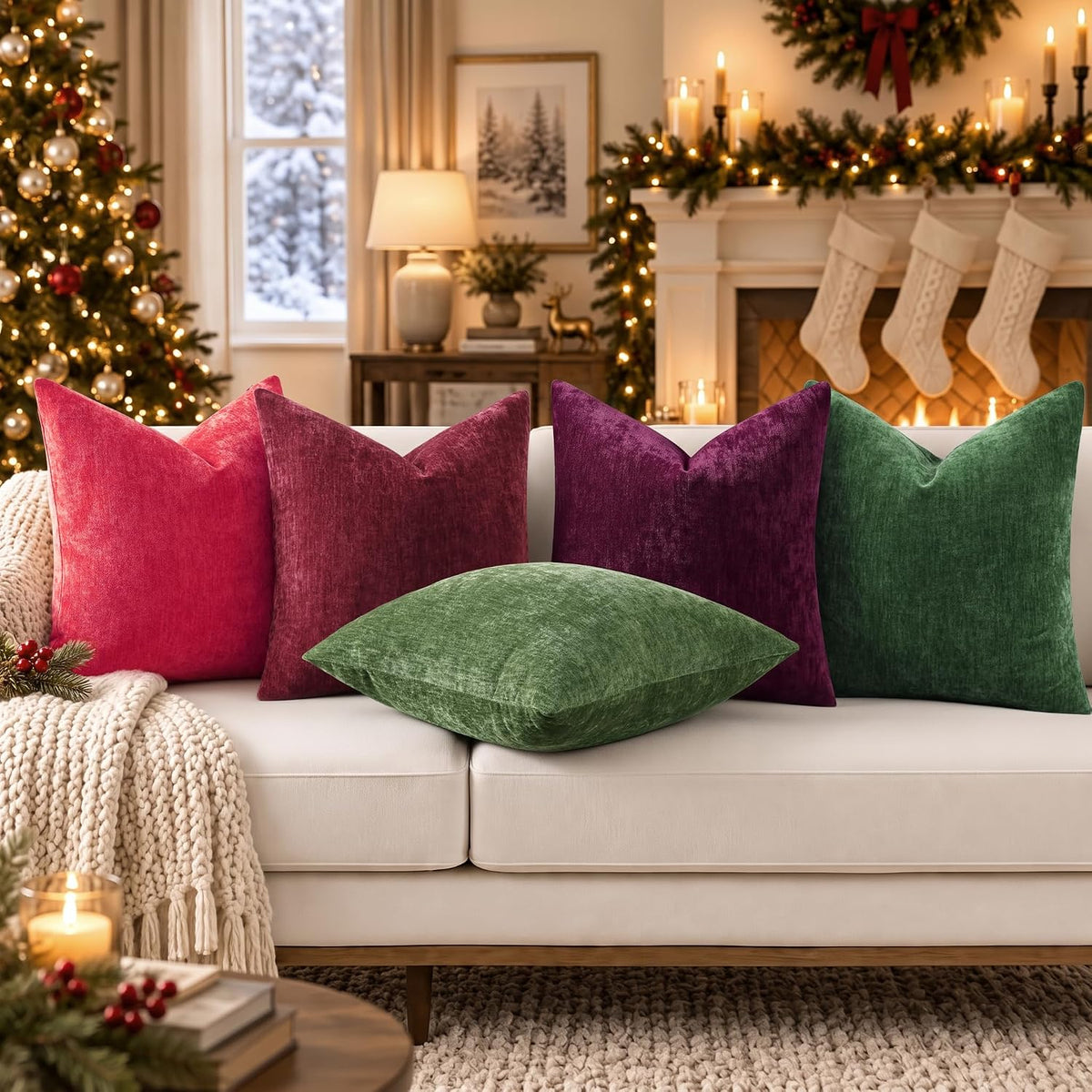 decorUhome Soft Chenille Moss Green Throw Pillow Covers 18X18 Set of 2