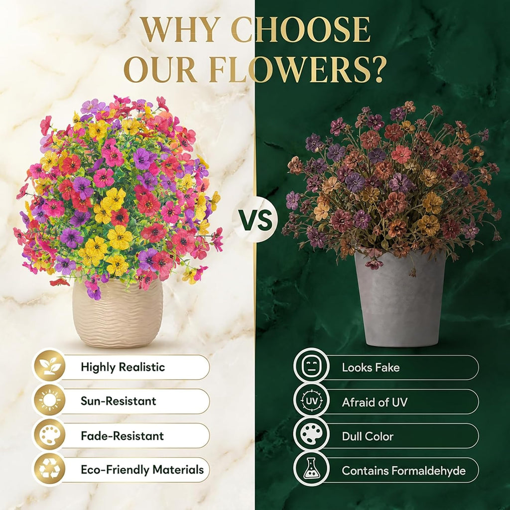 22 Inch Artificial Flowers and Shrubs with Stakes for Outdoors, 4 Colors Mix, 165 Blooms Per Stem, Vibrant Color & No Fade, Heavy‑Duty Stakes for Yard Lawn Patio All‑Season Decor (2Pcs)