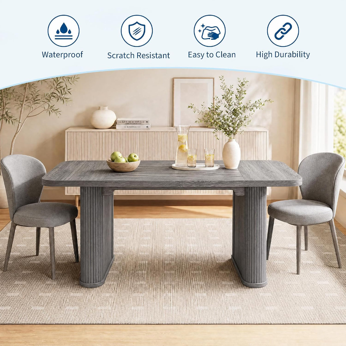 Garvee Dining Table for 6-8 People-62 Long Kitchen Dinner Table, Gray Oak