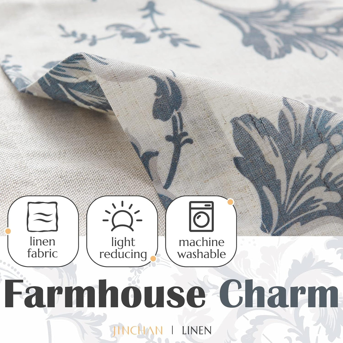 jinchan Floral Linen Cottage Kitchen Valance Curtain, 50x16, 1 Panel, Blue