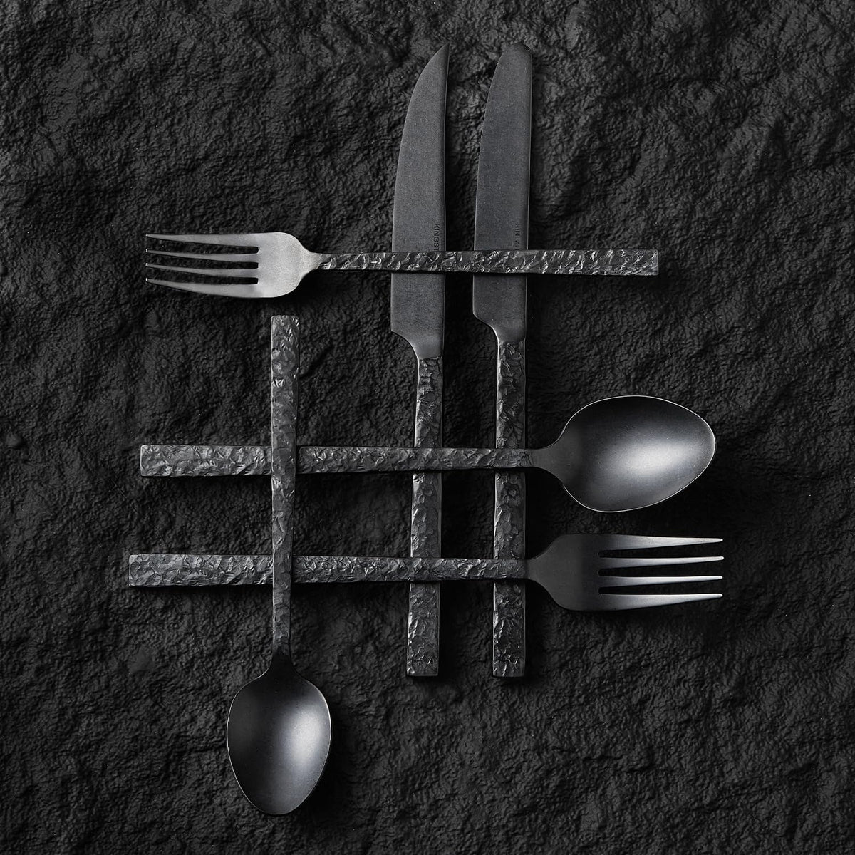 65 Pcs Black Hammered Silverware Set with Serving Utensils for 12
