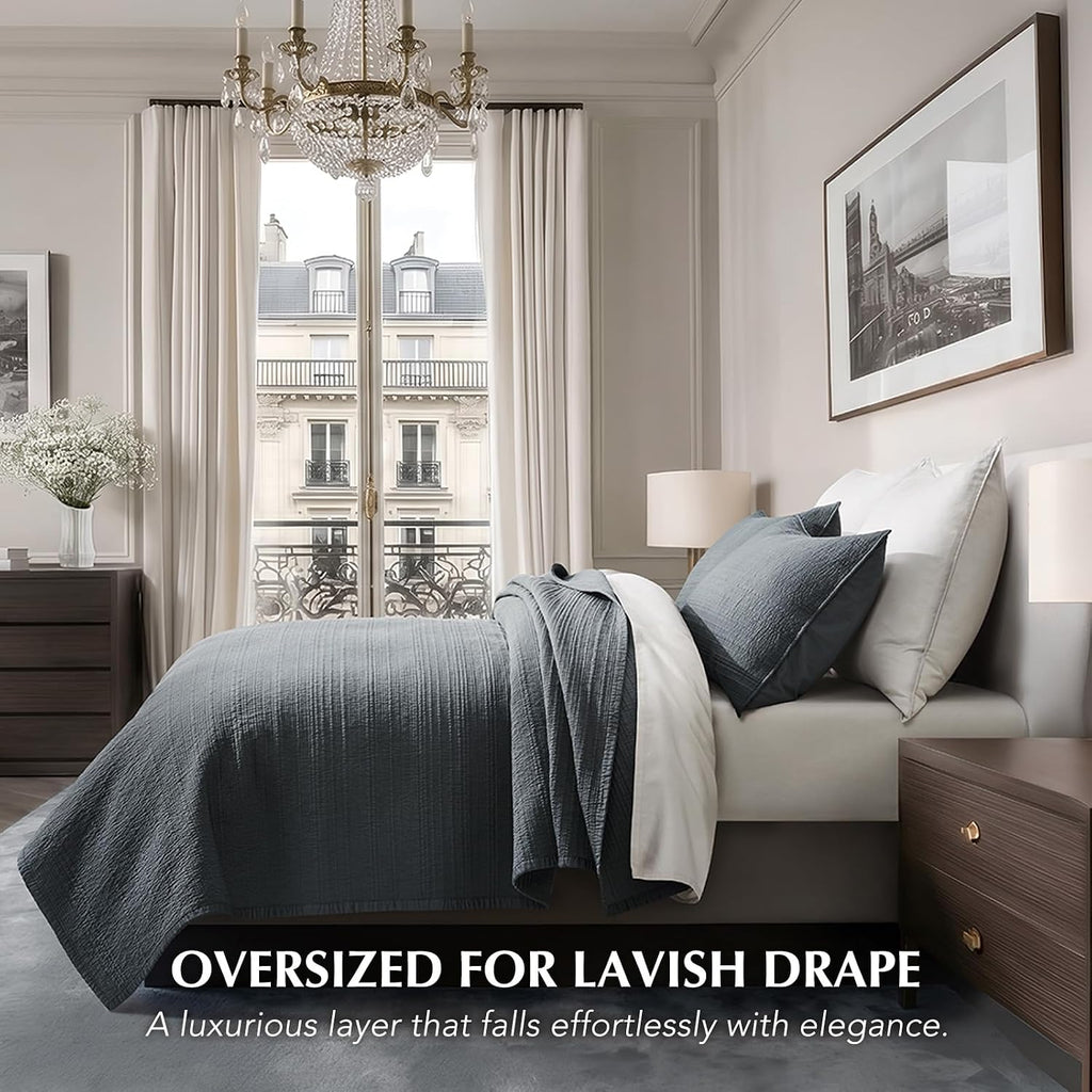 EVERGRACEHOME Cotton Sateen Channel Quilt Set, Queen Size, Midnight Blue