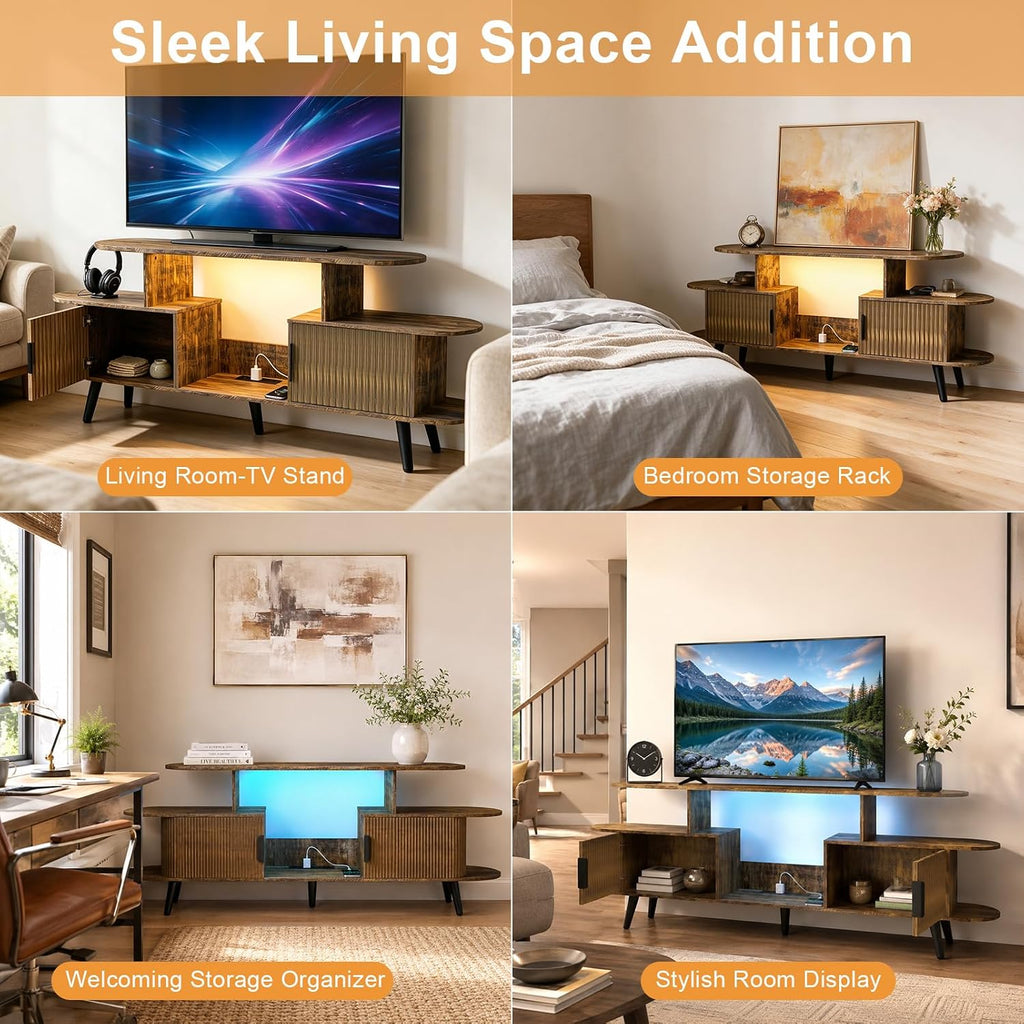 65" Fluted TV Stand with RGB LED Light & Outlet for TV up to 75"