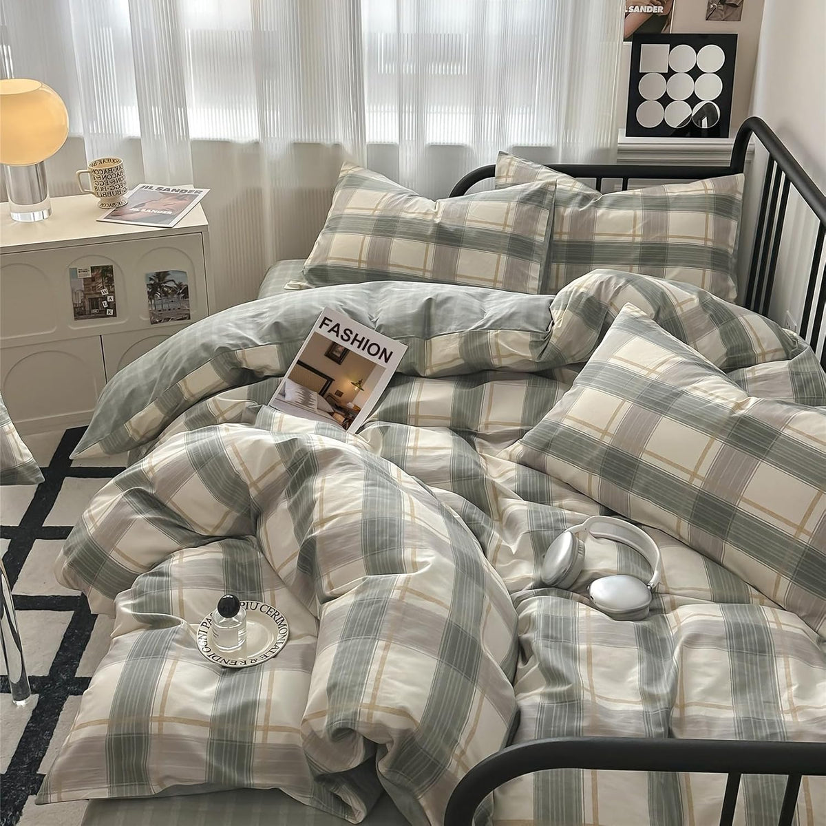 mixinni Full Comforter Set Green Geometric Checkered Plaid Bedding Comforter Set Men Boys Modern Style All Season Soft Fluffy Lightweight Bedding Set-Full Size