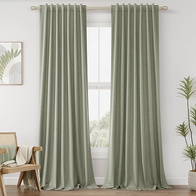 Sage Green 100% Blackout Linen Curtains 86 Inch Length 2 Panels Set by Guken