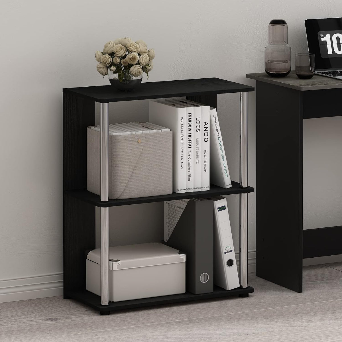 Furinno Jaya Simple Design 3-Tier Bookcase/Bookshelf/Display Rack with Stainless Steel Tubes, Americano
