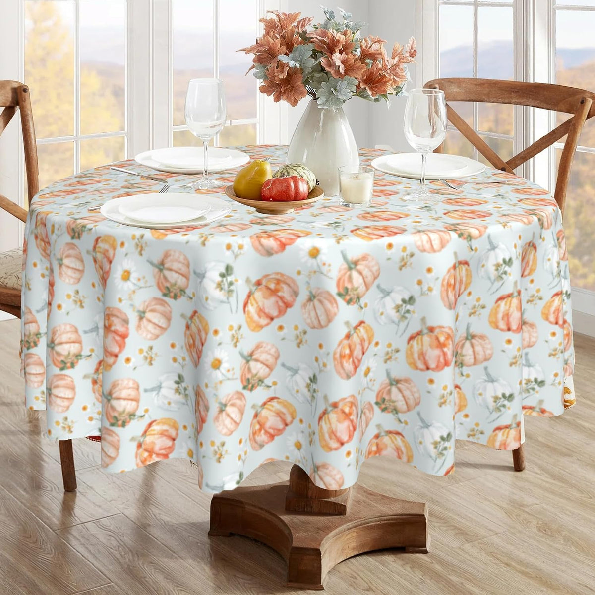 Thanksgiving Round Tablecloth 60 Inch Pumpkin Daisy Table Cloth Waterproof Heat Resistant Reusable Autumn Decorations Table Cover for Holiday Kitchen Dinning Party Decor
