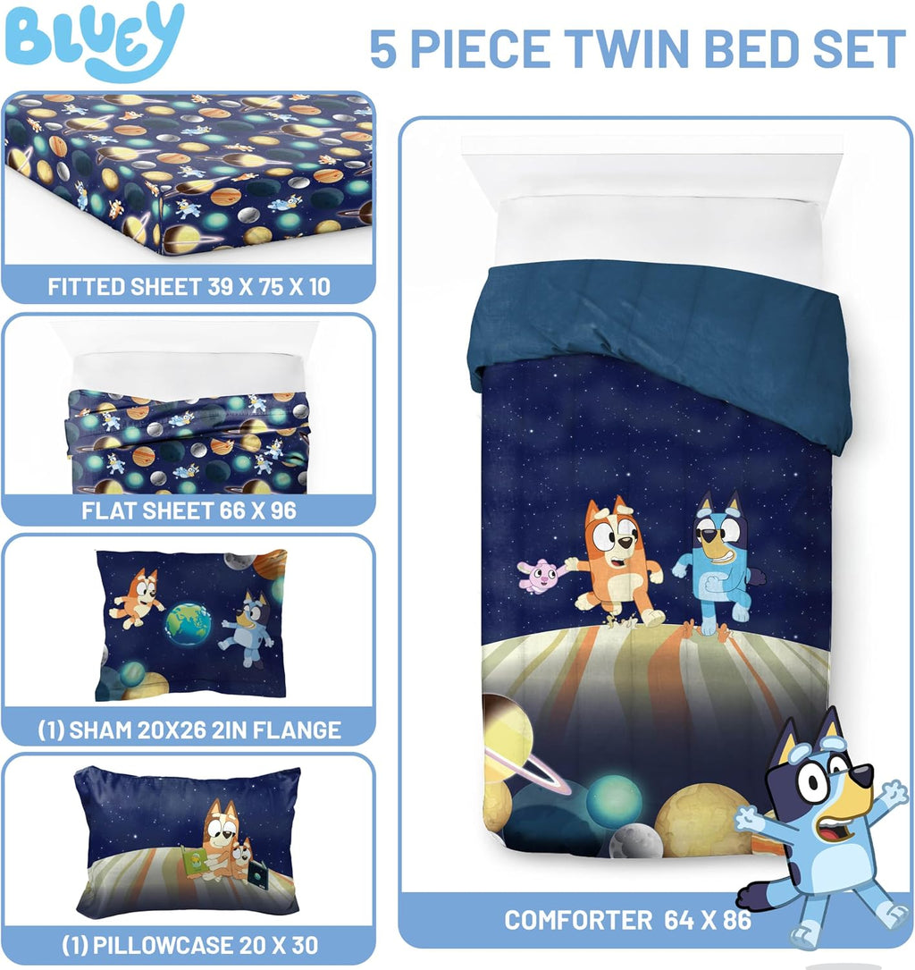 Bluey Bingo Twin Comforter Set 5 Piece Soft Kids Cartoon Bedding, Blue