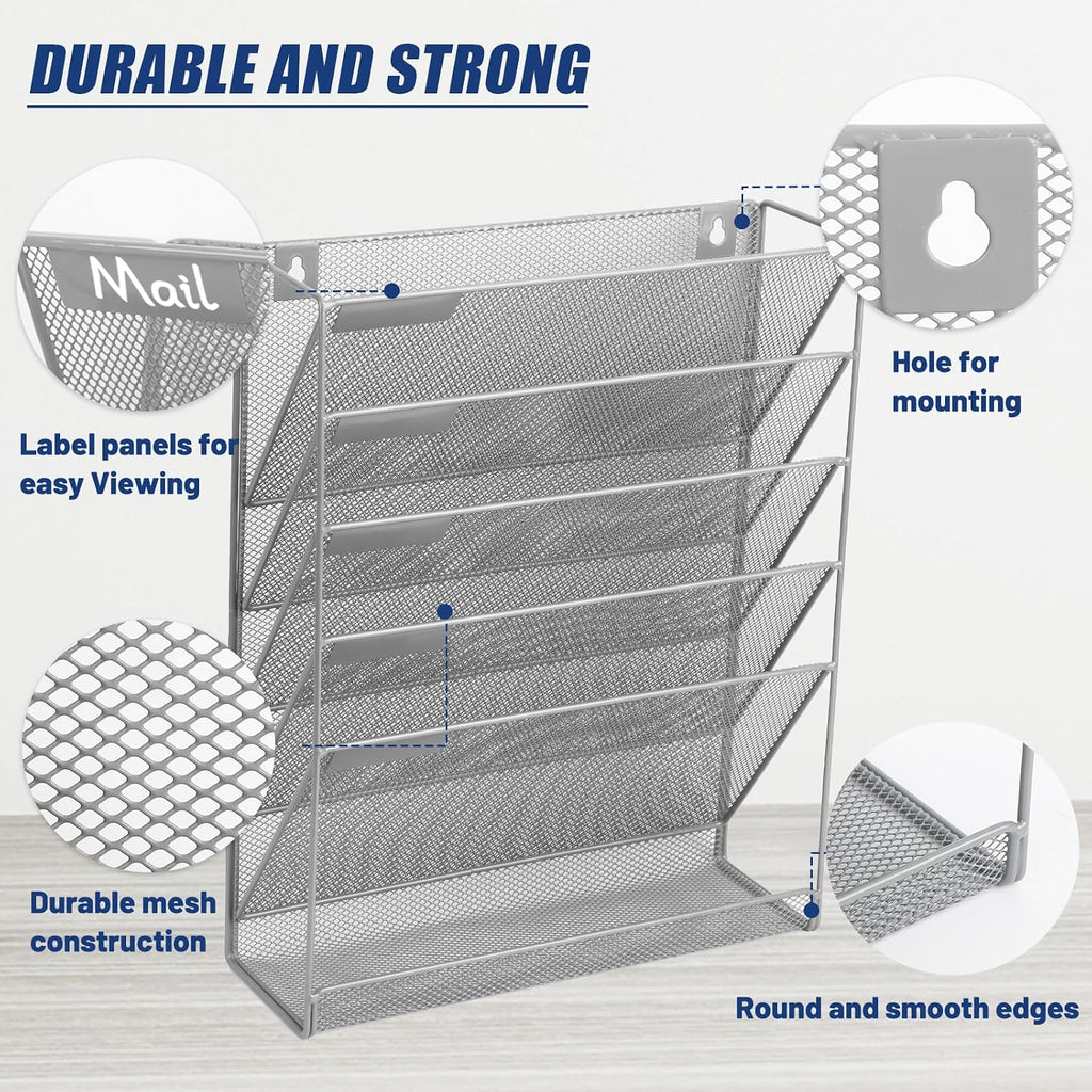 Desk File Organizer Mesh 6-Tier, Hanging Wall Mount Document Organization Stand, Desktop Vertical Mail Paper Folder Holder Rack with Bottom Tray for Office Home Cubicle Countertop, Gray