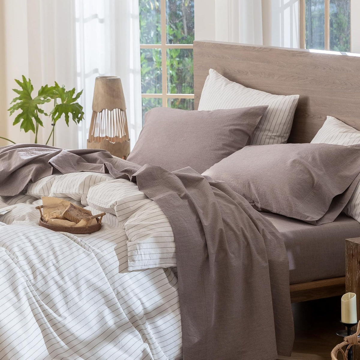 MooMee Sheet Set 100% Washed Cotton Linen-Like Extra Deep Pocket Queen