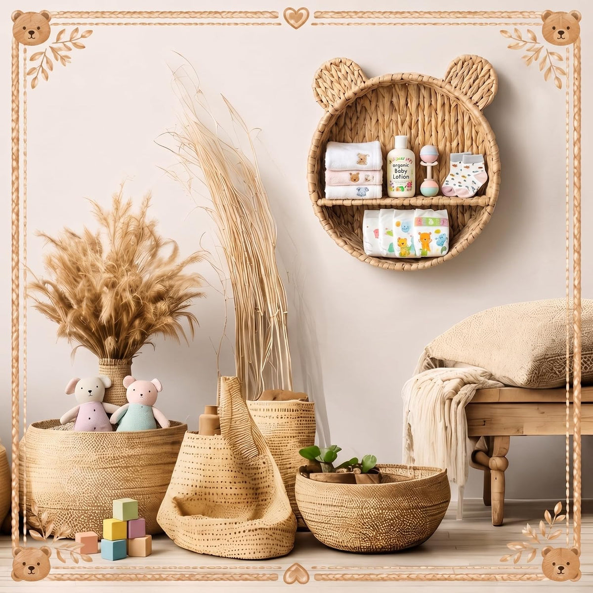 Bear Water Hyacinth Wicker Wall Shelf for Nursery, Rattan Shelf