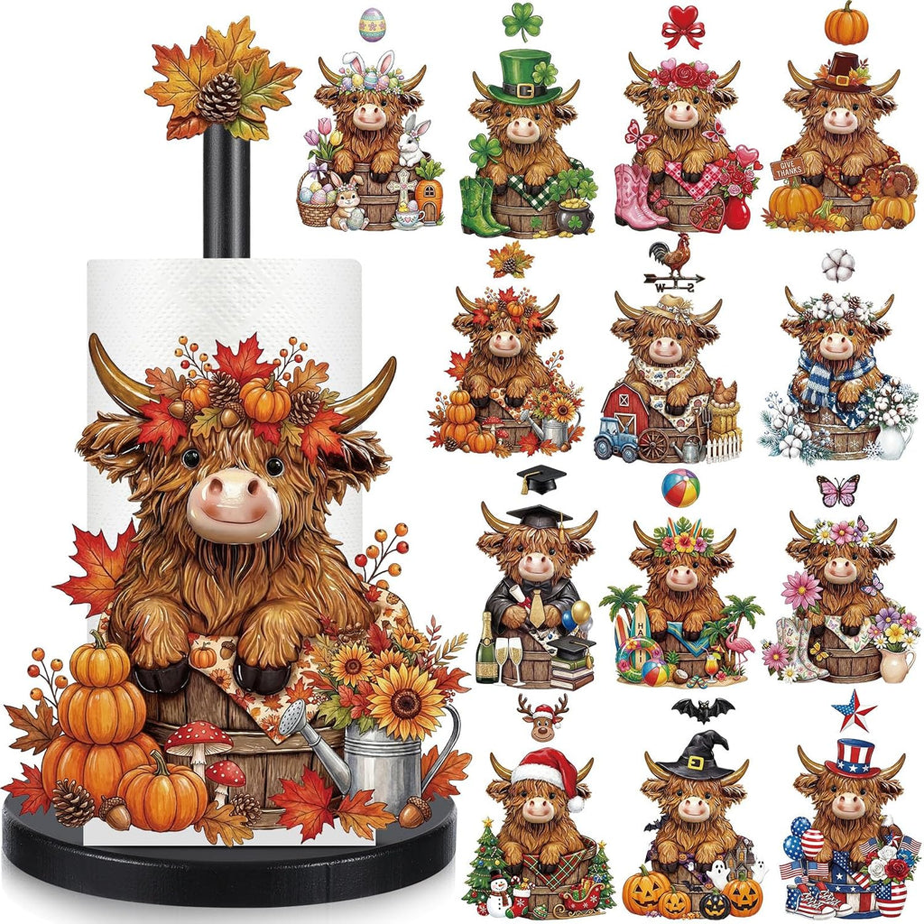 Novabright 14pcs Fall Interchangeable Paper Towel Holder, Highland Cow