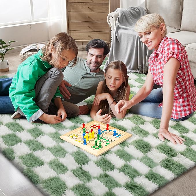 Area Rugs for Bedroom Living Room, 6x9 Green and White Fluffy Soft Checkered - Image 2
