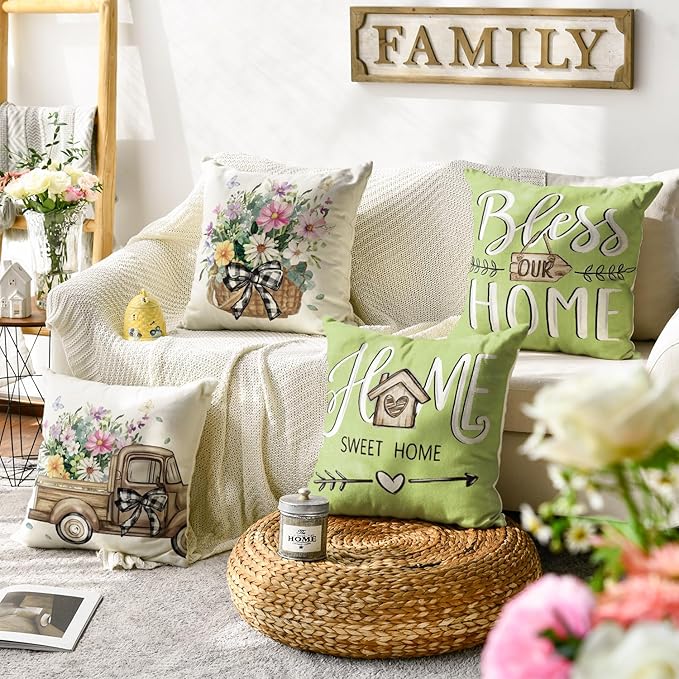 AVOIN colorlife Bless Our Home Eucalyptus Leaves Throw Pillow Covers, 16 x 16 - Image 2