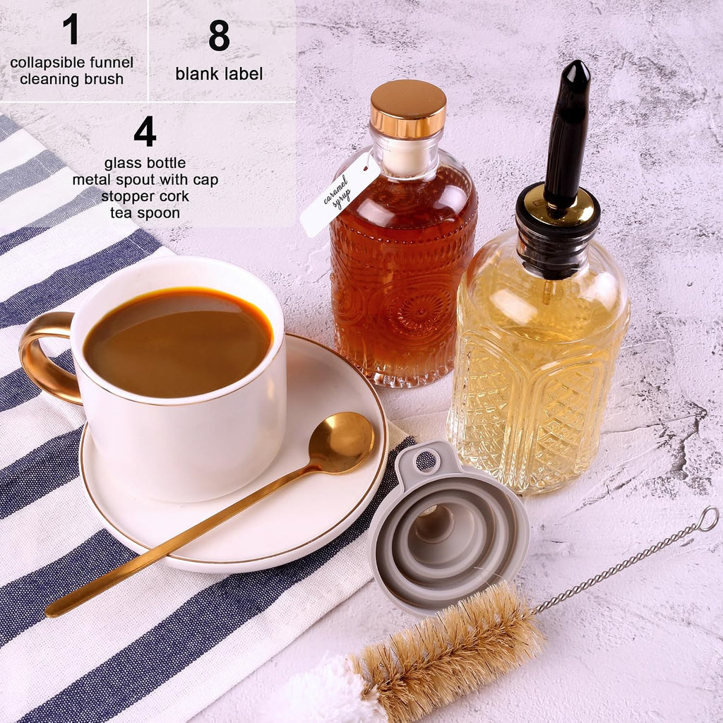 Glass Syrup Dispenser Set - 4 Pack 7oz Bottles with Metal Pour Spouts, Stoppers, Spoons for Coffee, Tea, Vanilla, Caramel, Honey