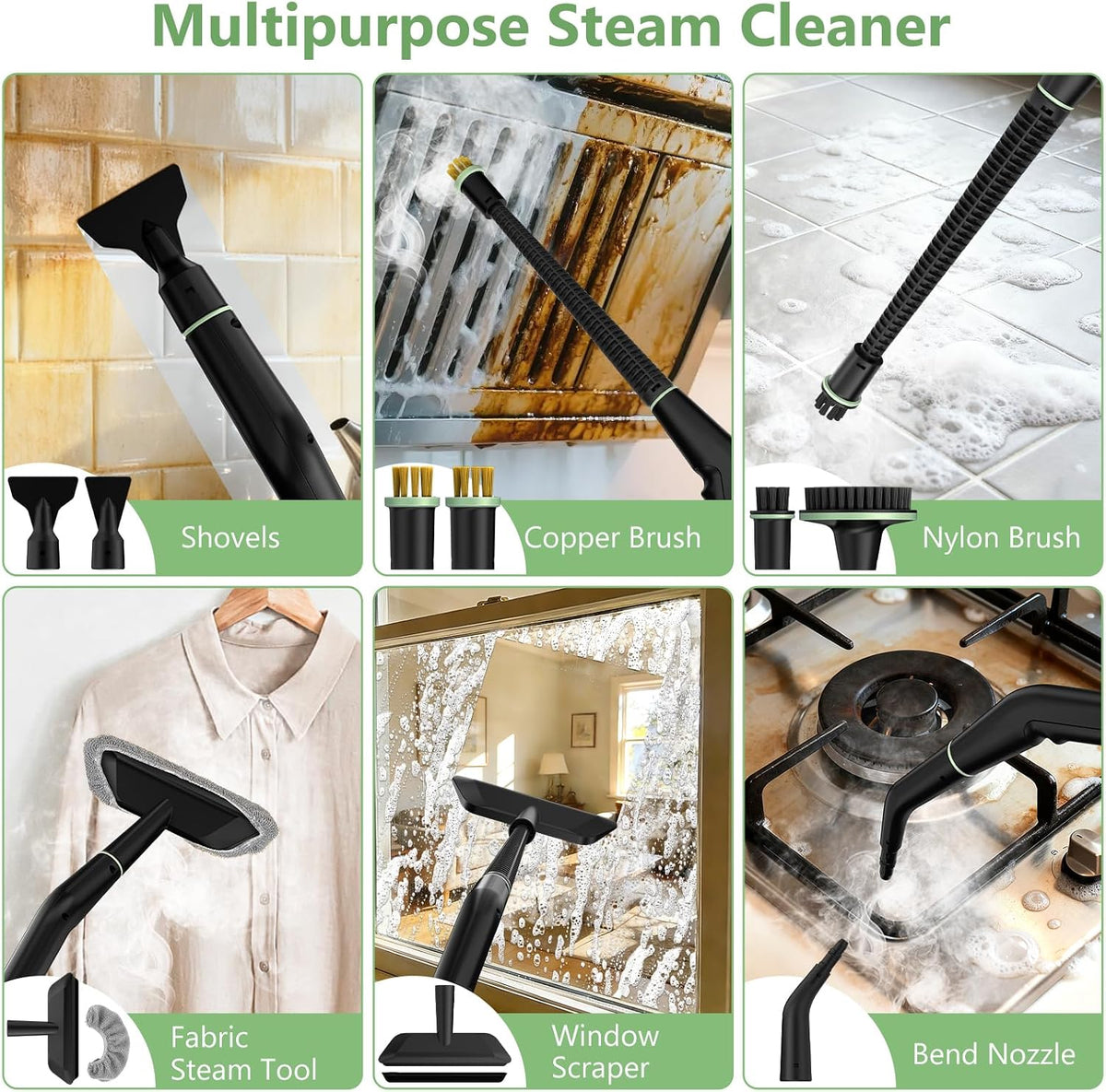 Steam Cleaner, Portable Steamer for Cleaning with 16pcs Accessories, 6-Level Adjustable and 15s Heat-Up, Handheld Steam Cleaner for Home, Tile, Dirt, Grout, Grease, Car Detailing, Dark Green