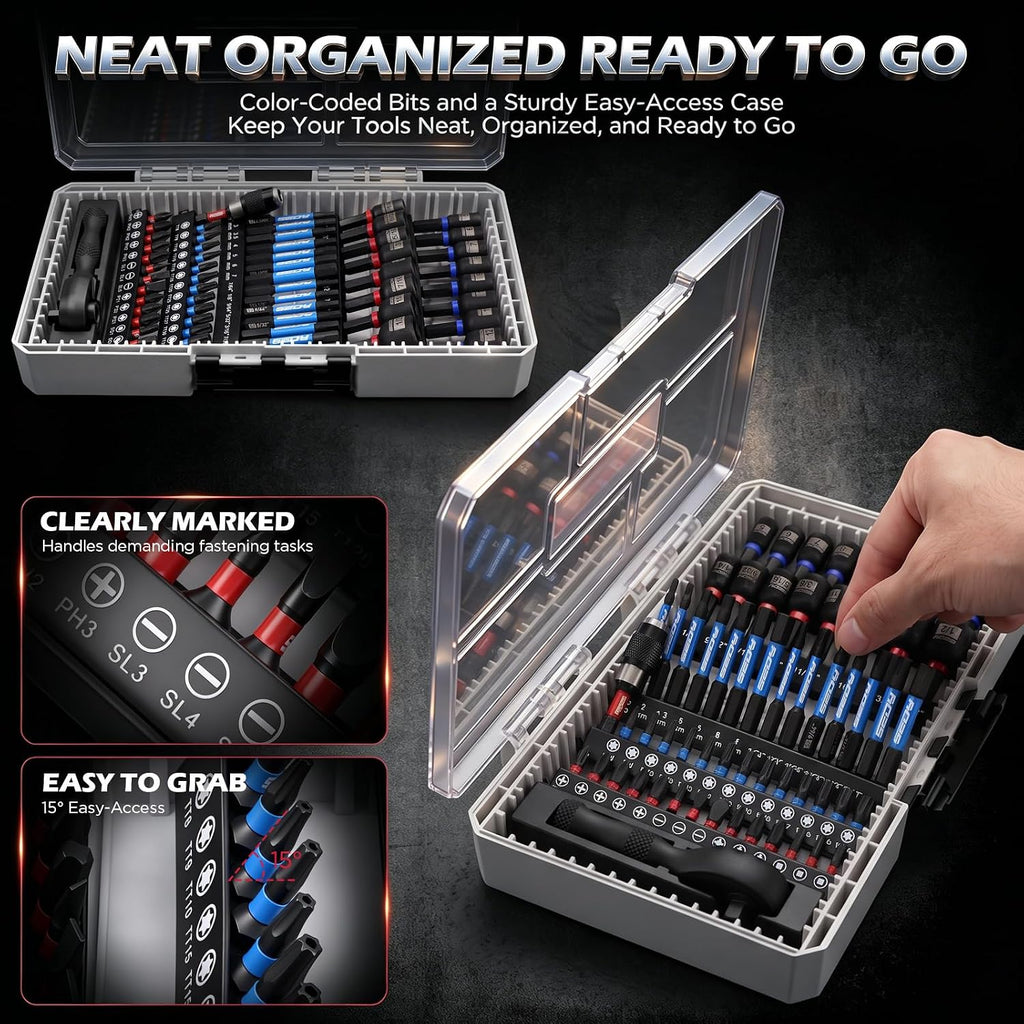 59-Piece Magnetic Nut Driver Bit Set, SAE and Metric Nut Drivers with Screwdriver Bits, Ratchet Wrench, Quick-Change Bit Holder and Storage Case for Automotive Repair, Home Repair and DIY Projects
