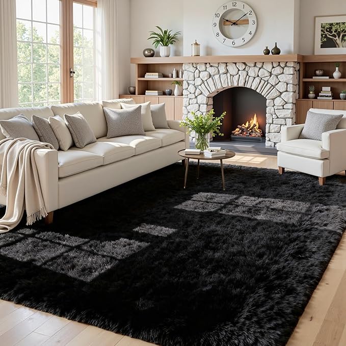 5x8 Area Rugs for Living Room: Soft Fluffy Shag Black Rugs for Bedroom by CarpetAddColortoYourLife