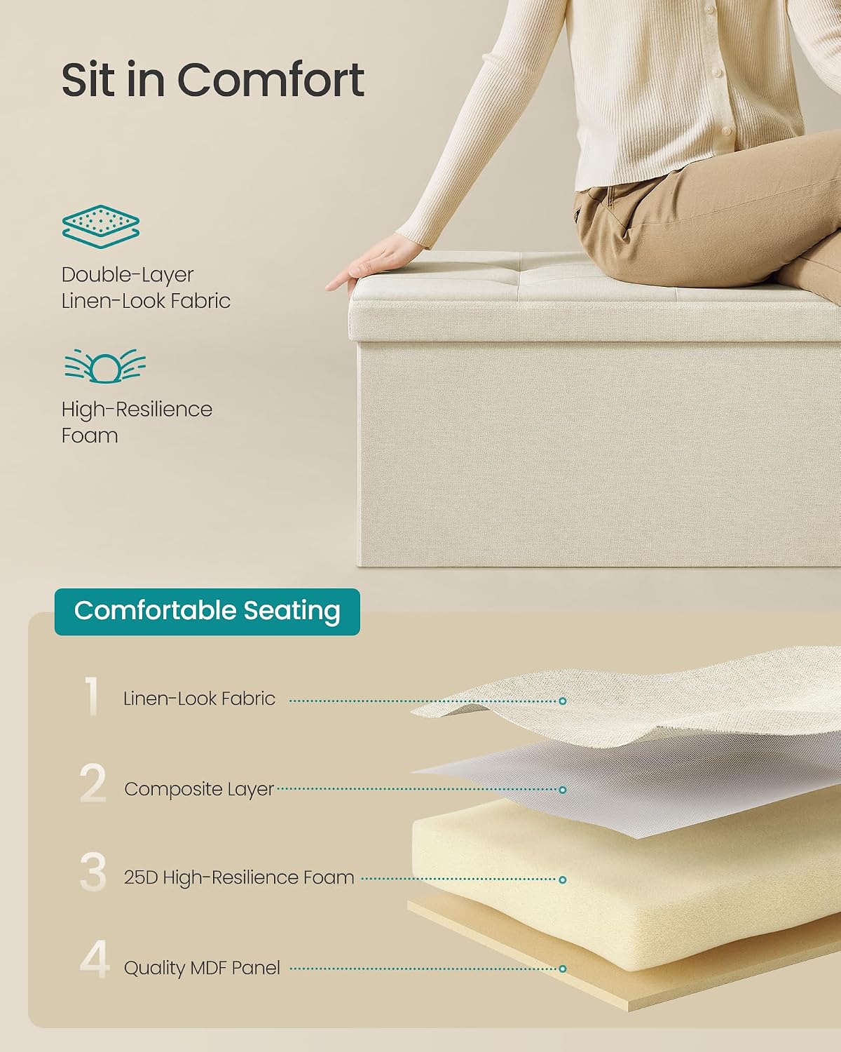 SONGMICS 43.3 Inches Folding Storage Ottoman Bench, Load 660 lb