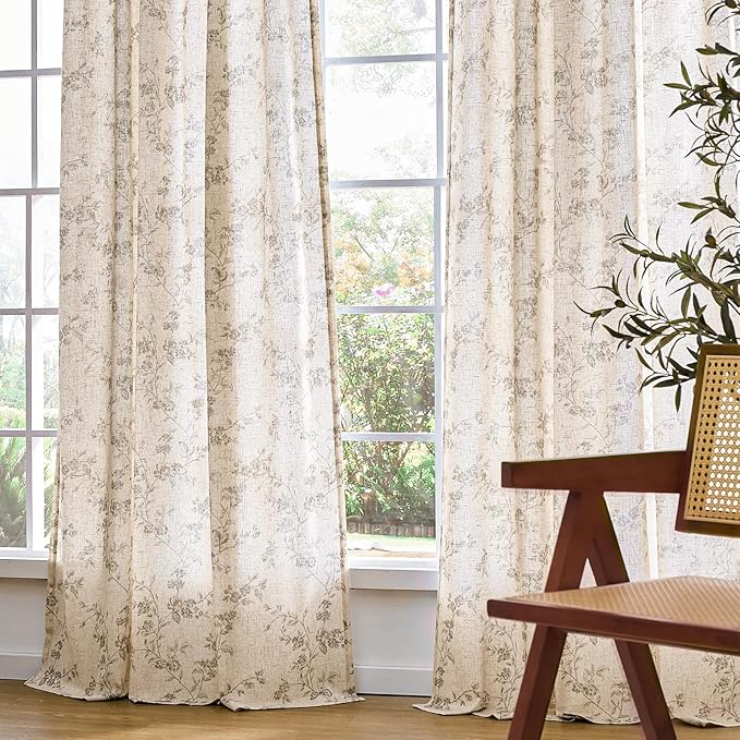 Lazzzy Linen Farmhouse Curtains Grey Floral Curtains 63 Inch Long Back Tab - Image 7