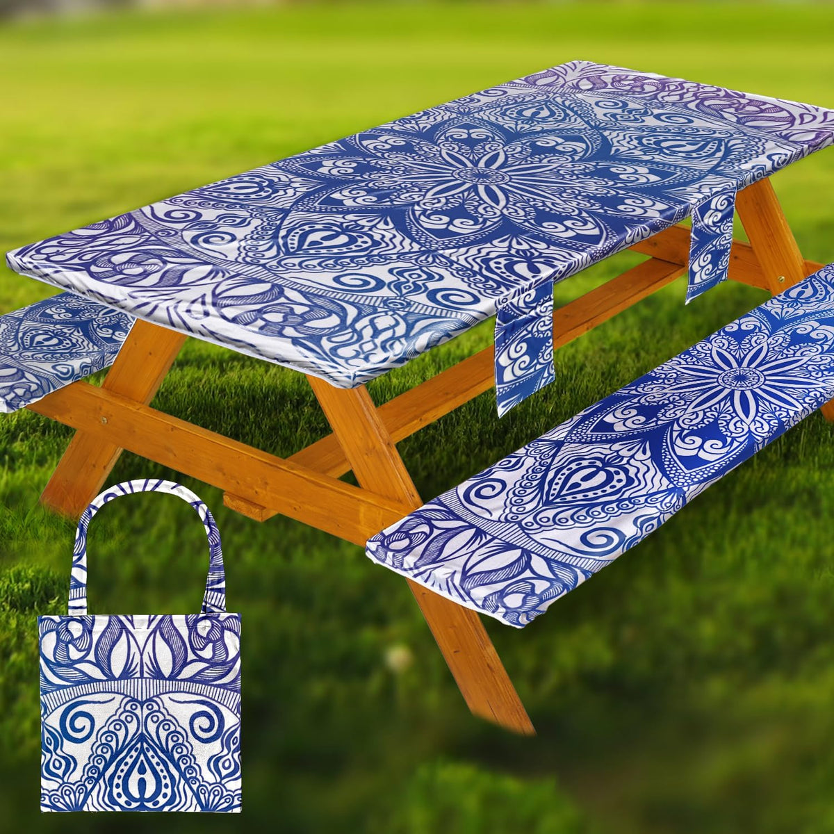 Fitted Picnic Table Cover with Bench Covers Waterproof Elastic Edges Rectangle Patio Tablecloth Outdoor Camping Essentials Stuff Rv Accessories Summer Trip Travel Supplies Party Camper Gifts, 8 ft