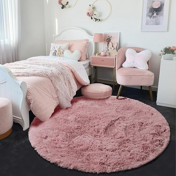 Blush Fluffy Round Rug 5Ft for Bedroom, Fuzzy Plush Circle Area Rugs for Baby - Image 2