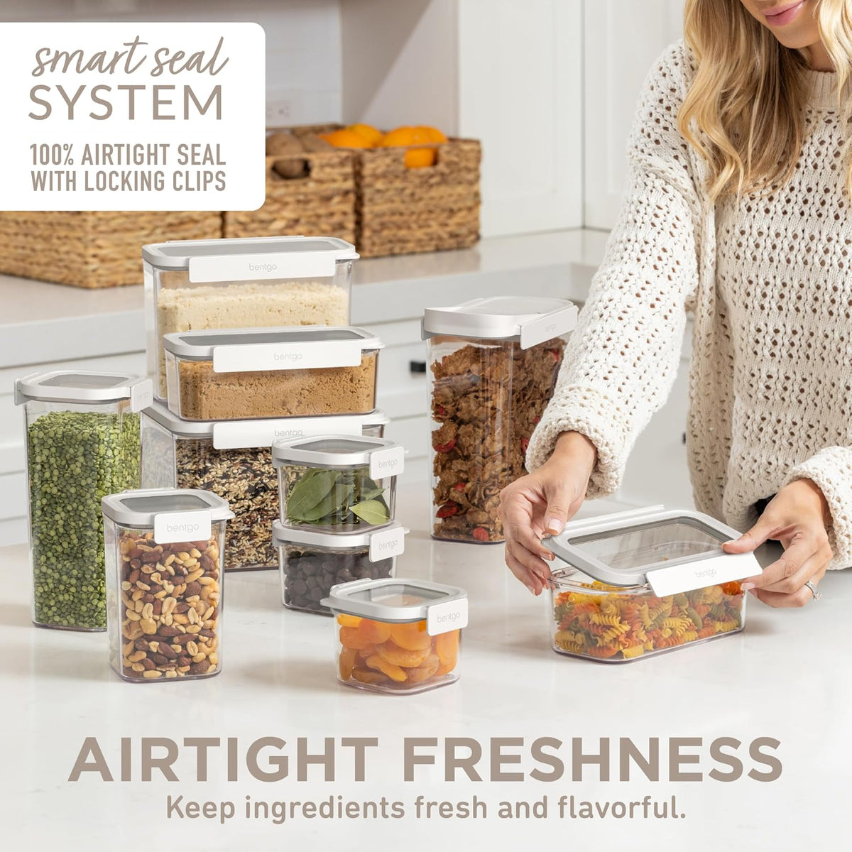 Bentgo Pantry - 22-Piece Airtight Food Storage Containers, Clear and Stackable Kitchen and Pantry Organization Set, Locking Lids for Freshness, Bonus Cereal Lid & Scoop, BPA-Free Plastic (Snow)