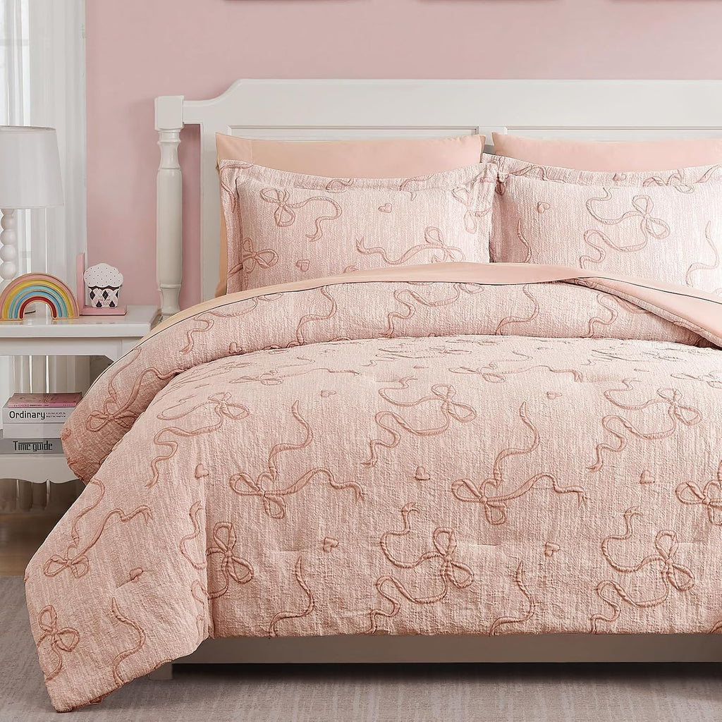 Full Size Comforter Sets for Girls - 7 Pieces Bow Bedding Set Bed in a Bag