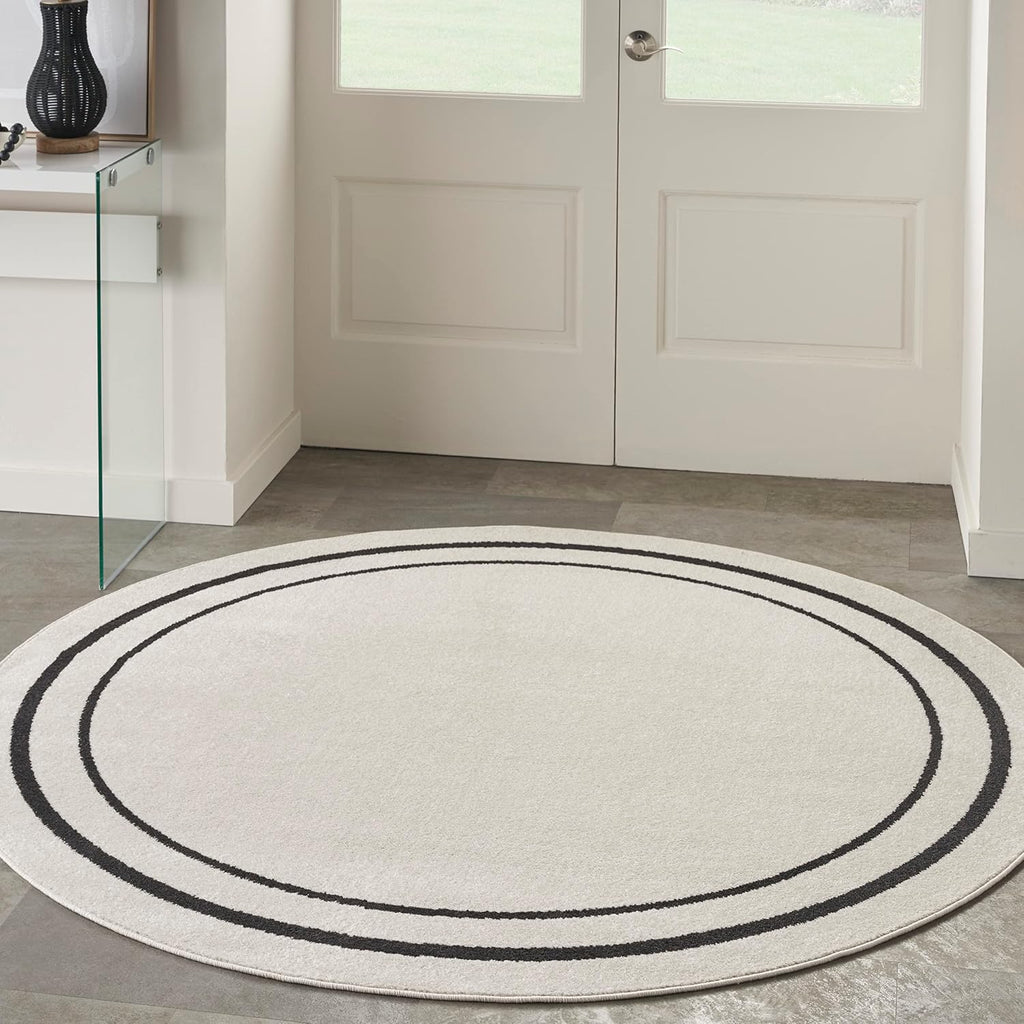 Nourison Home Nourison Essentials Ivory/Black 4' x Round Area Rug - Easy Clean, Non Shedding, Bed Room, Living Room, Dining Room, Kitchen (4' x Round)