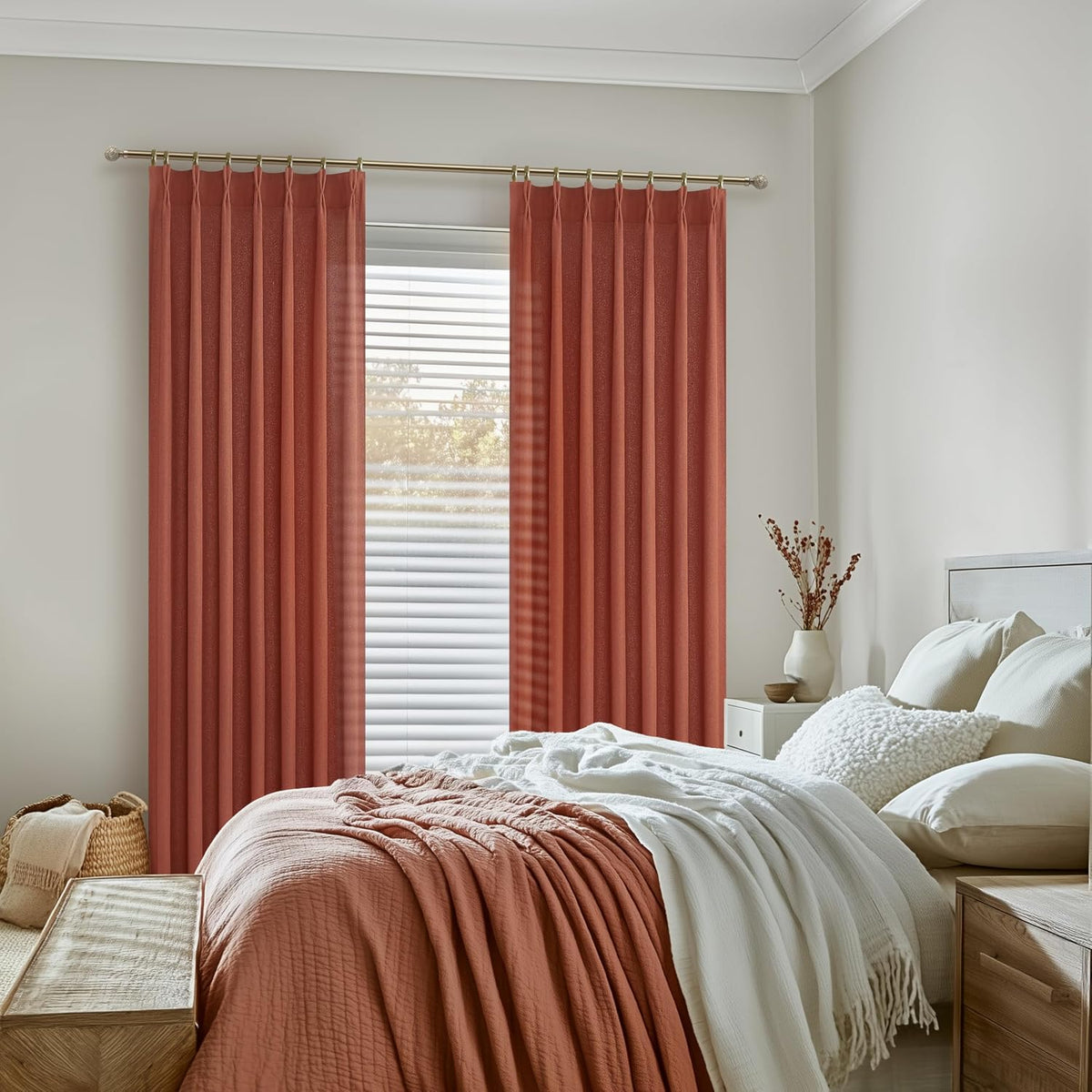PleatedDrapes Decorative Burnt Orange Sheer Curtains 96 Inches Long for Sliding Glass Doors, Farmhouse Cottage Core Fall Pinch Pleat Linen Blend 96 Inch Curtain 2 Panel Set Light Filtering Drapes Rust