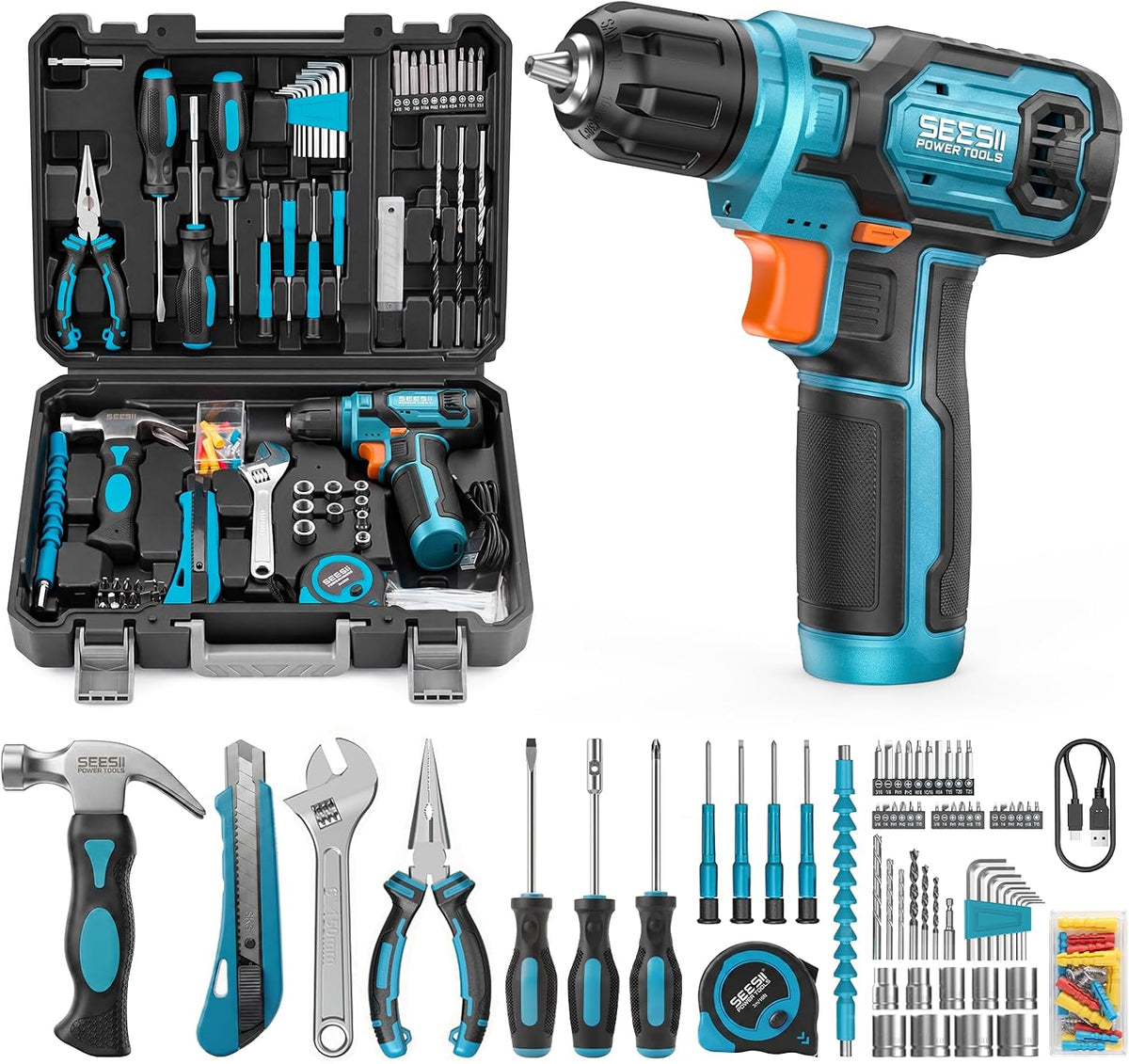 Seesii Cordless Drill Set, 108 Pcs Home Tool Kit, 12Nm Torque & Battery