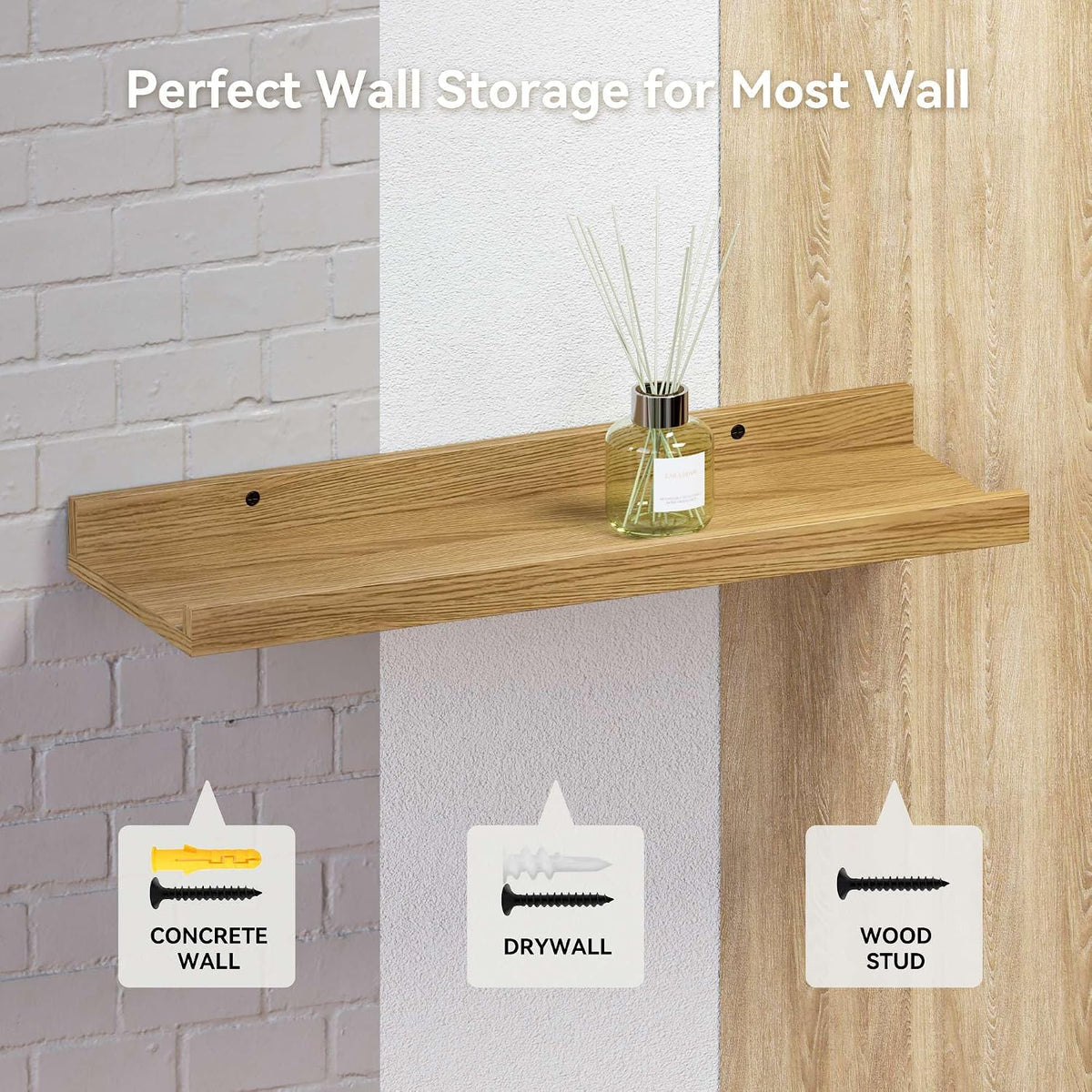 Boswillon Floating Shelves Set of 2, Small Wall Shelf with Lip, 16in, Oak