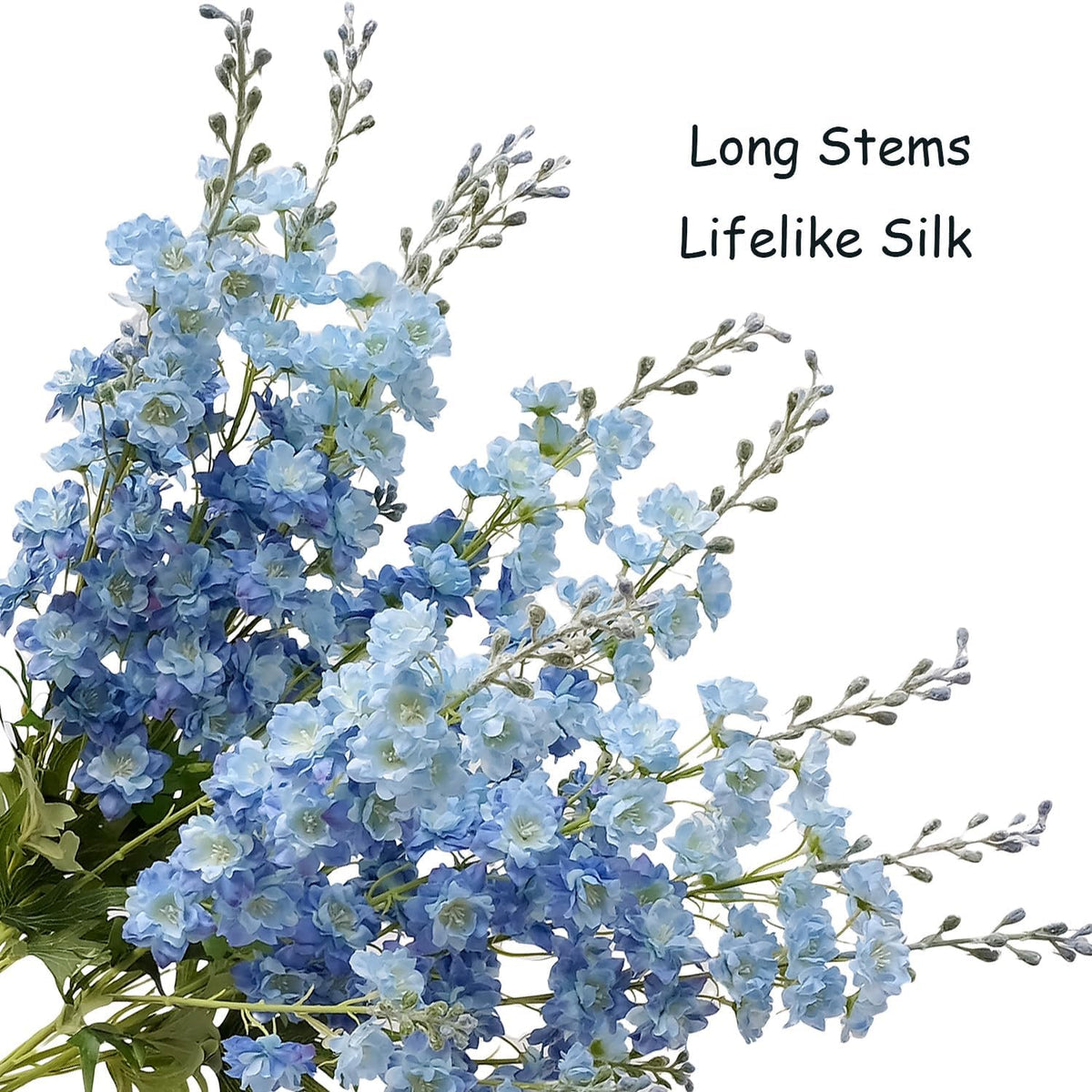 JINWOE 4Pcs Blue Delphinium Artificial Flowers, 34'' Lifelike Faux Larkspur Silk Flowers,Long Stem Fake Delphinium Plant Flower for Tall Floor Vase Outdoor Bouquet Home Table Kitchen Decor