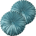 HIG Set of 2 Teal Ruched Velvet Round Throw Pillows – 14.5’’ Decorative Pillows by HIG