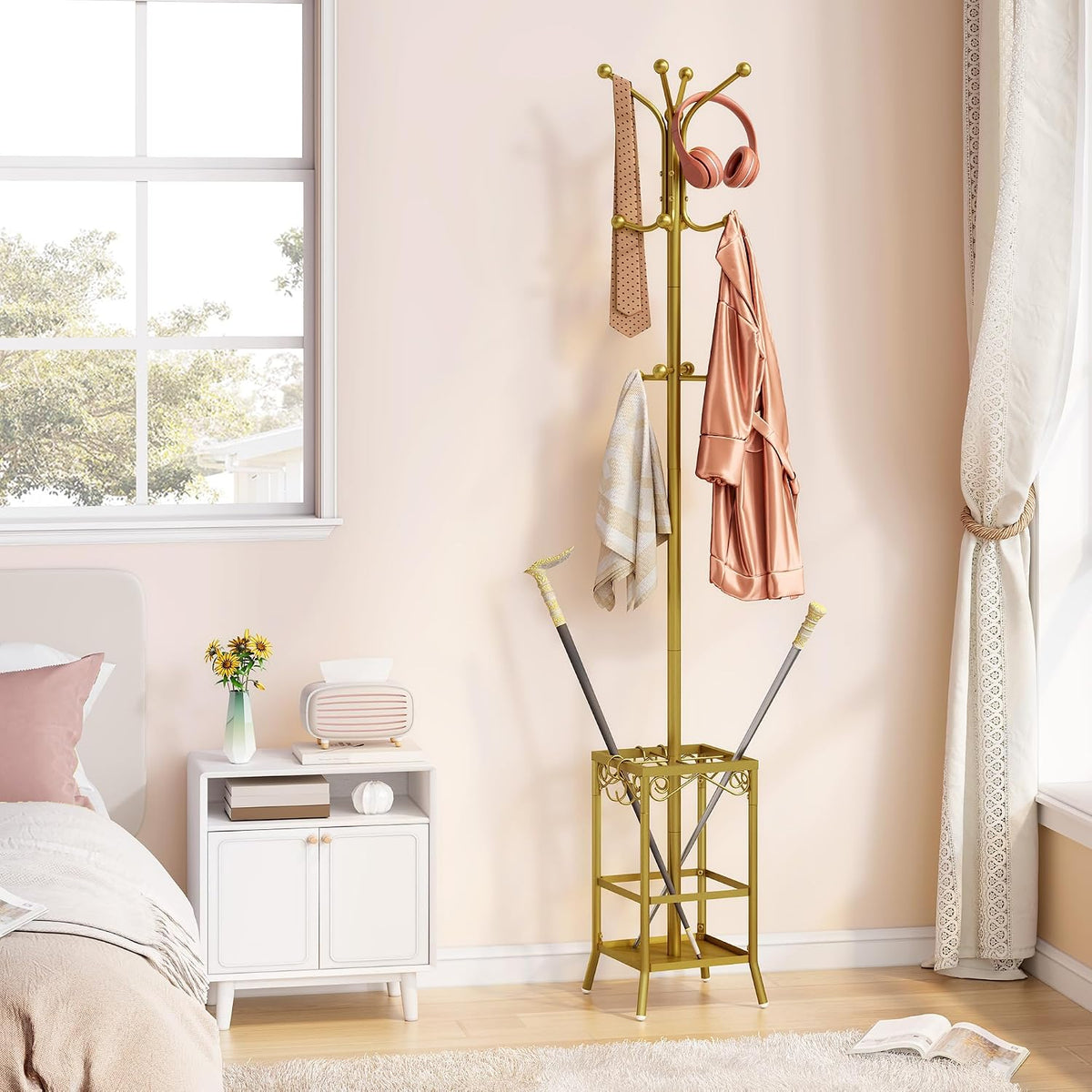 Hoctieon Coat Rack Freestanding, Coat Tree with Umbrella Holder, Metal Coat Rack Stand with 12 Hooks, Standing Coat Hanger Stand, Umbrella Stand for Entryway, Hat Rack Stand for Home Office