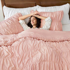 Andency Ruched Blush Pink King Comforter Set, Boho Ruffle Bedding 3 Pieces