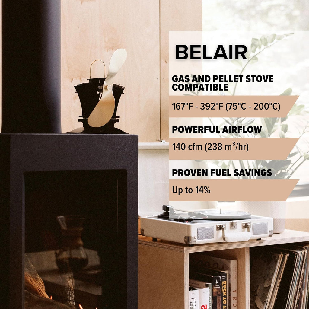 Ecofan BelAir Heat Powered Stove Fan - Powerful Design, Low Start Temperature Technology, Perfect for Gas, Pellet & Soapstone Stoves, 140 CFM - Circulates Warm Air Efficiently & Reduces Fuel Cost