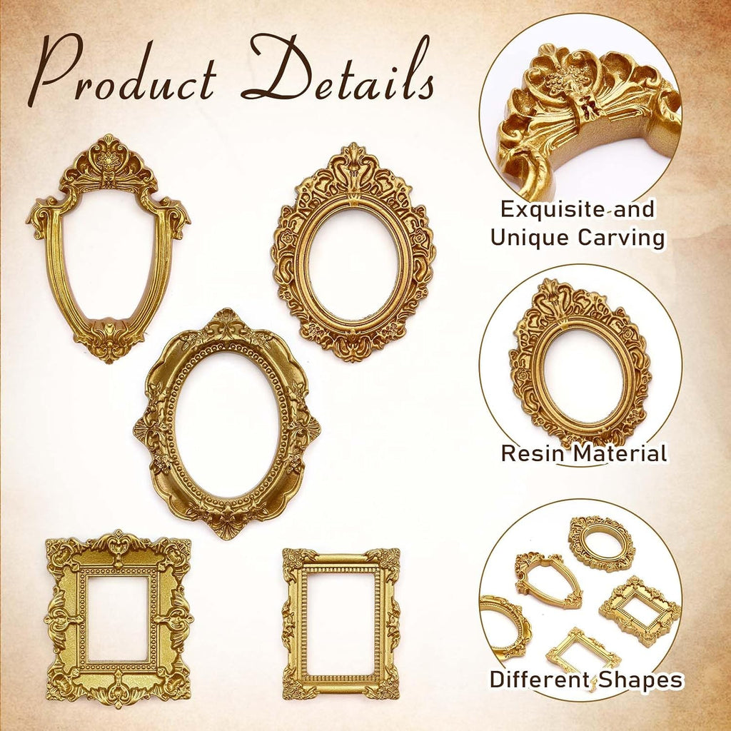 15 PCS Mini Vintage Frames, Tiny Resin Antique Frames, Small Gold picture photo frame for DIY Wall Hanging Jewelry Display Photography Party Hotel Home Decoration (mini frameA)