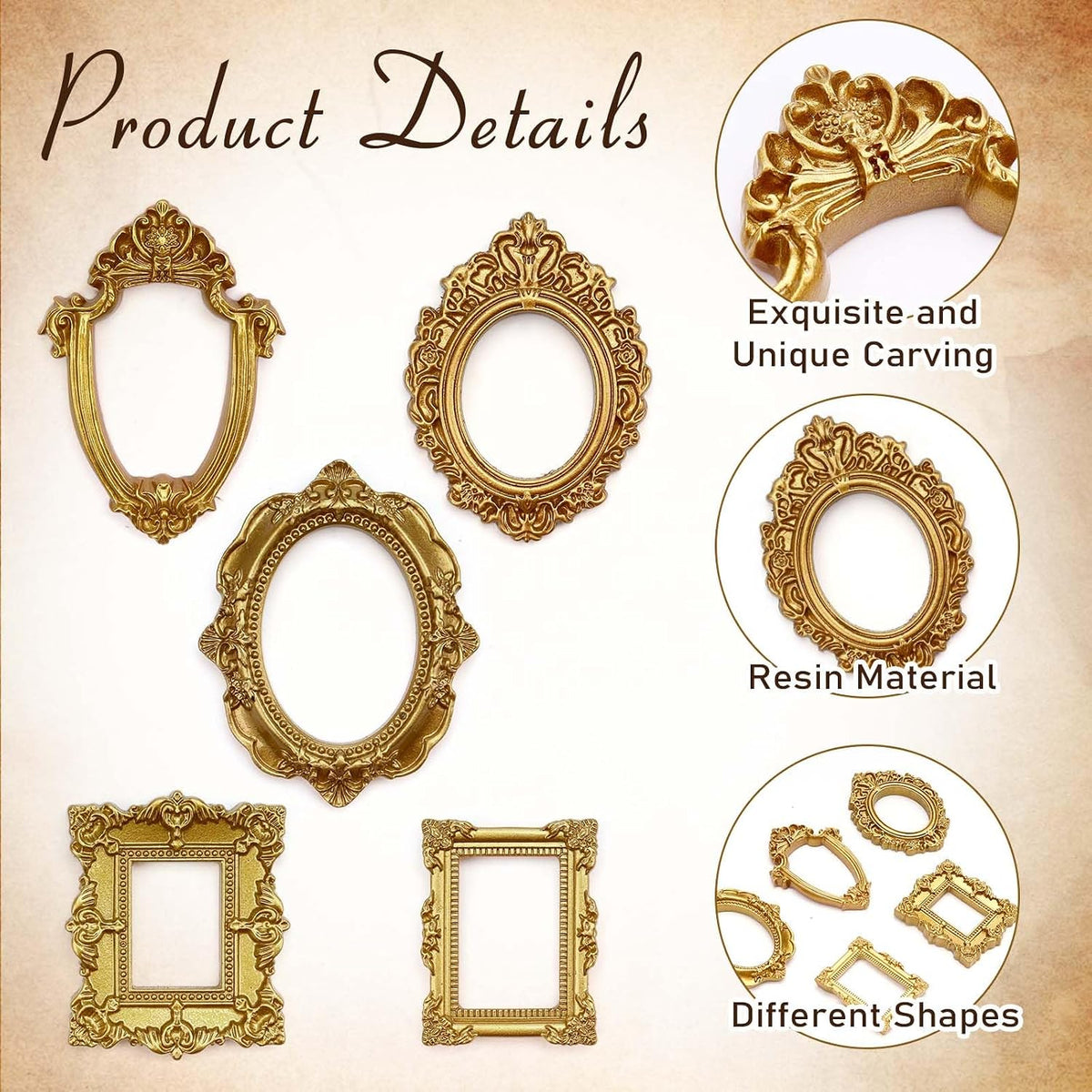 15 PCS Mini Vintage Frames, Tiny Resin Antique Frames, Small Gold picture photo frame for DIY Wall Hanging Jewelry Display Photography Party Hotel Home Decoration (mini frameA)
