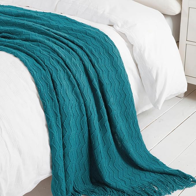BOURINA Teal Throw Blanket 50x60 Inches Throw Textured Solid Soft Sofa Couch - Image 4