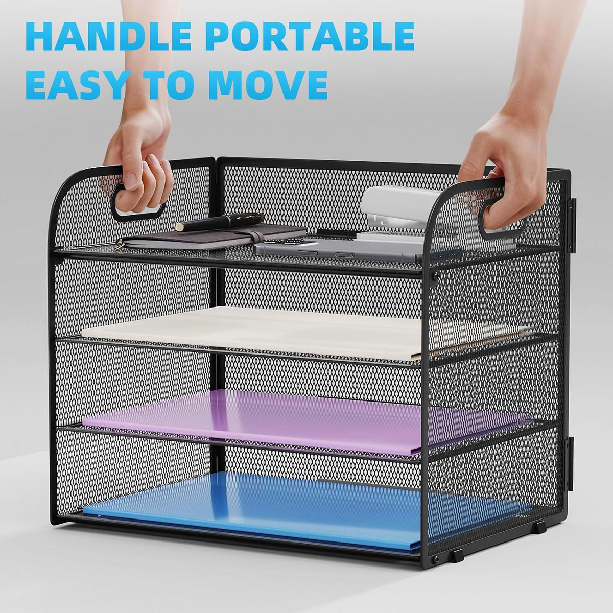 Marbrasse 4 Tier Paper Organizer Letter Tray - Mesh Desk File Organizer with Handle, Paper Sorter Organizer for Letter/A4 Office File Folder Holder (Black, 12.6" x 9.1" x 9.1")
