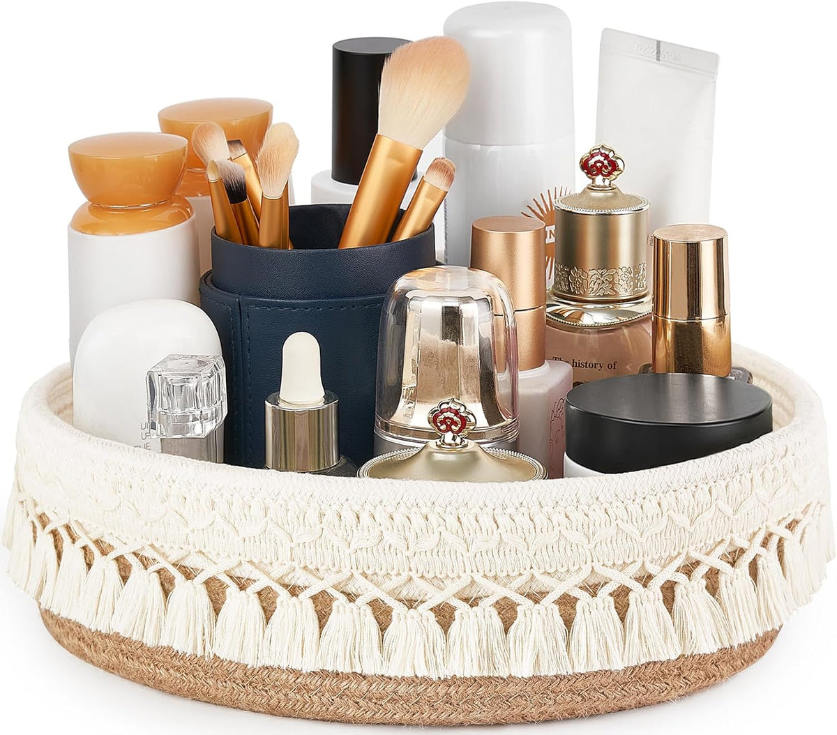 Mkono Makeup Perfume Organizer, Boho Decor Macrame Storage Basket, Ivory