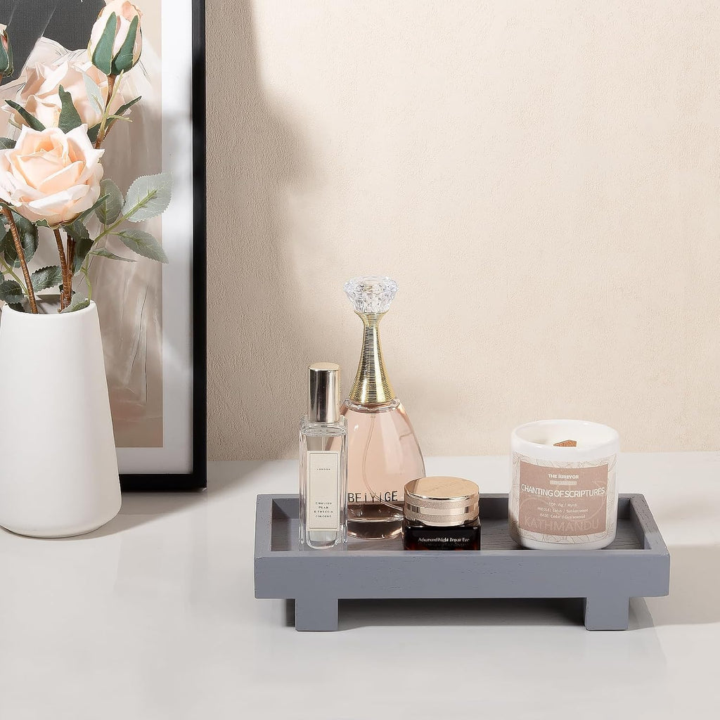 Bathroom Counter Tray Wooden Riser Display Kitchen Soap Holder, Gray